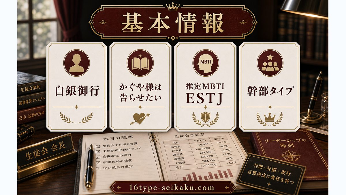 白銀御行の基本情報の要点をまとめたMBTIキャラ診断インフォグラフィック