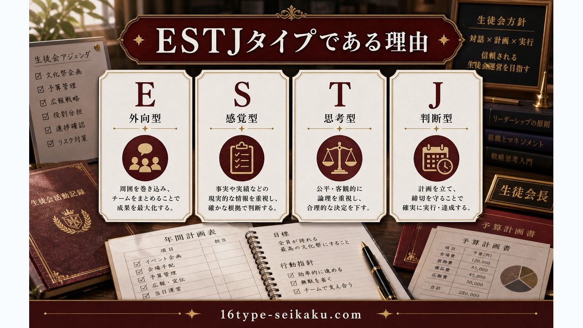 白銀御行がESTJ（幹部）タイプである理由の要点をまとめたMBTIキャラ診断インフォグラフィック
