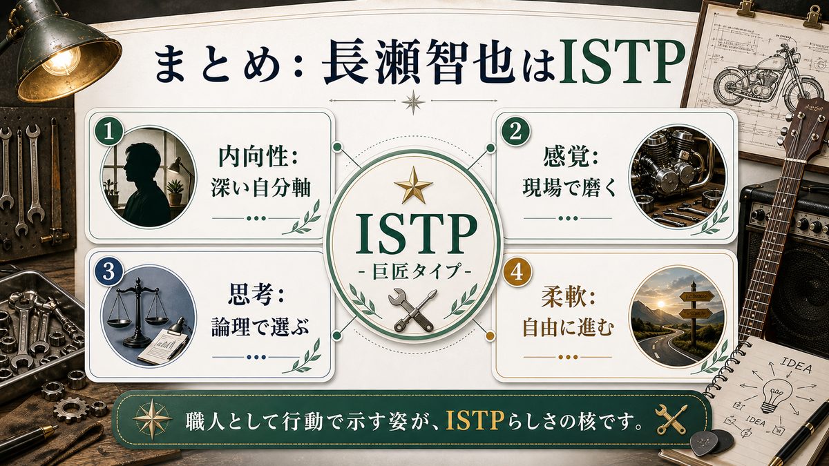 まとめ:長瀬智也はISTPの「孤高の職人」の要点をまとめたMBTI人物分析インフォグラフィック