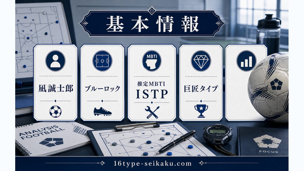 凪誠士郎の基本情報の要点をまとめたMBTIキャラ診断インフォグラフィック