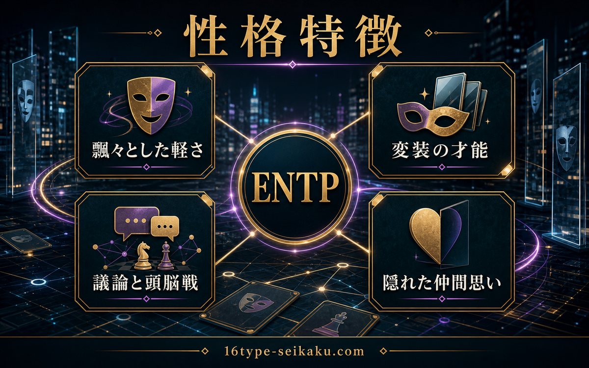 南雲与一のENTPらしい性格特徴をまとめたインフォグラフィック