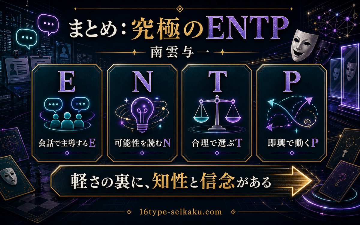 南雲与一をENTPとして読むまとめインフォグラフィック
