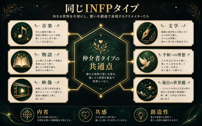 同じINFPタイプの有名人アーティストに共通する特徴の図解