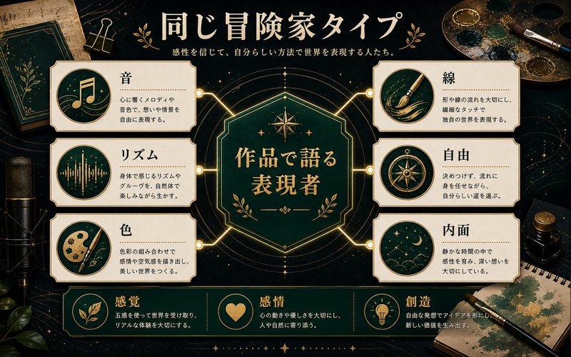 同じISFP冒険家タイプの有名人に共通する表現者要素の図解