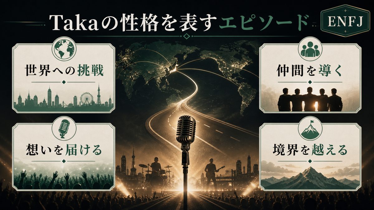 Takaの性格を表すエピソードを世界展開とリーダーシップで整理した画像