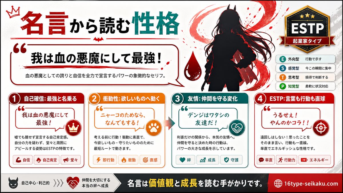 パワーの心に残る名言・名セリフ 5選の要点をまとめたMBTIキャラ診断インフォグラフィック