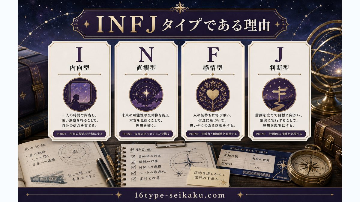 開拓者(ステル)がINFJタイプである理由の要点をまとめたMBTIキャラ診断インフォグラフィック