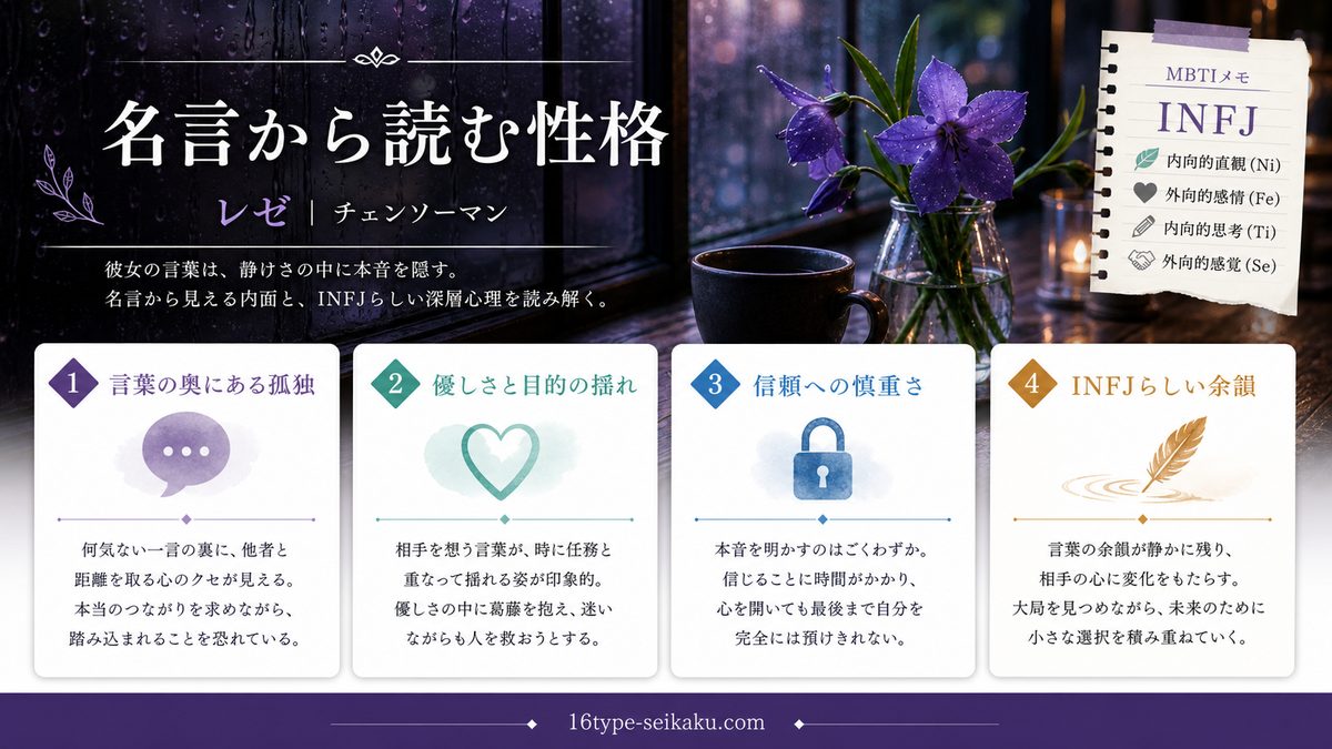 レゼの心に残る名言・名セリフの要点をまとめたMBTIキャラ診断インフォグラフィック