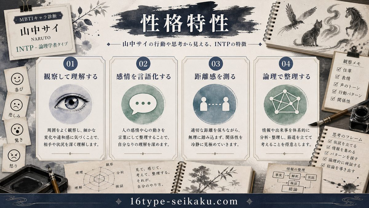 サイ（NARUTO）の性格特性とは？の要点をまとめたMBTIキャラ診断インフォグラフィック