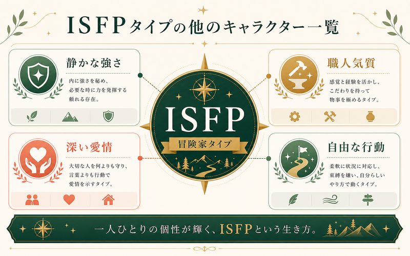 ISFPタイプの他のキャラクターに共通する特徴をまとめたインフォグラフィック