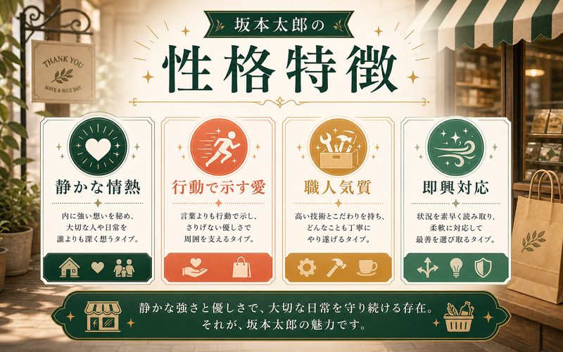 坂本太郎の性格特徴を静かな情熱や職人気質の観点でまとめたインフォグラフィック