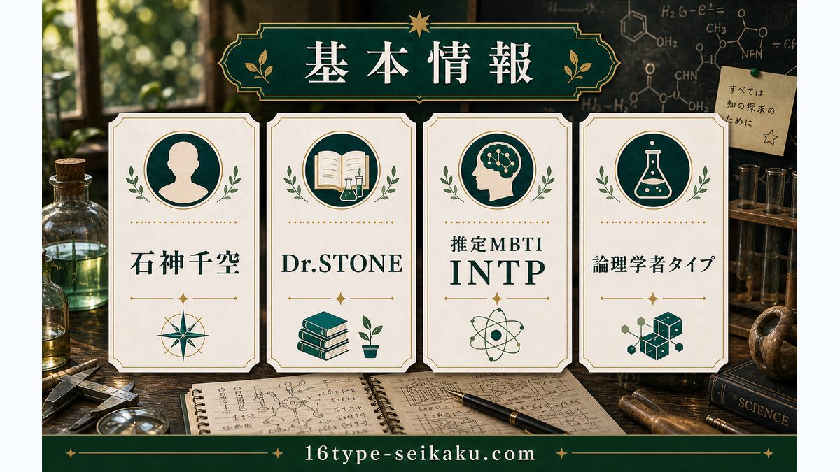 石神千空の基本情報の要点をまとめたMBTIキャラ診断インフォグラフィック