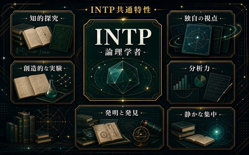 INTP共通特性 論理学者 知的探究 独自の視点 創造的な実験 分析力 発明と発見 静かな集中