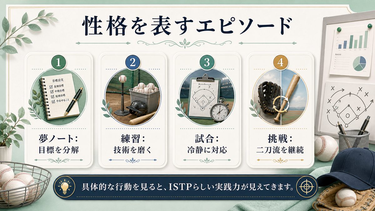 大谷翔平の性格を表すエピソードの要点をまとめたMBTI人物分析インフォグラフィック