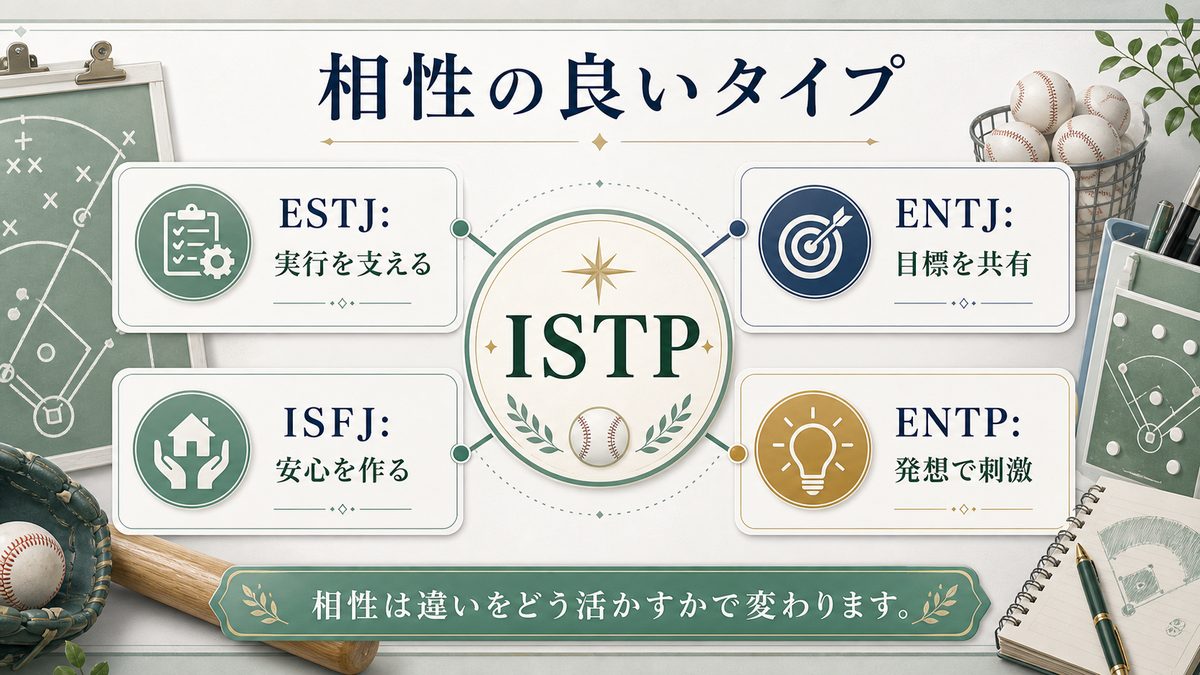 大谷翔平と相性の良いMBTIタイプの要点をまとめたMBTI人物分析インフォグラフィック