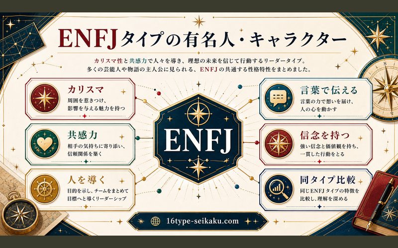 他のENFJ(主人公)の性格特性を持つ芸能人の要点をまとめたMBTIキャラ診断Image2インフォグラフィック