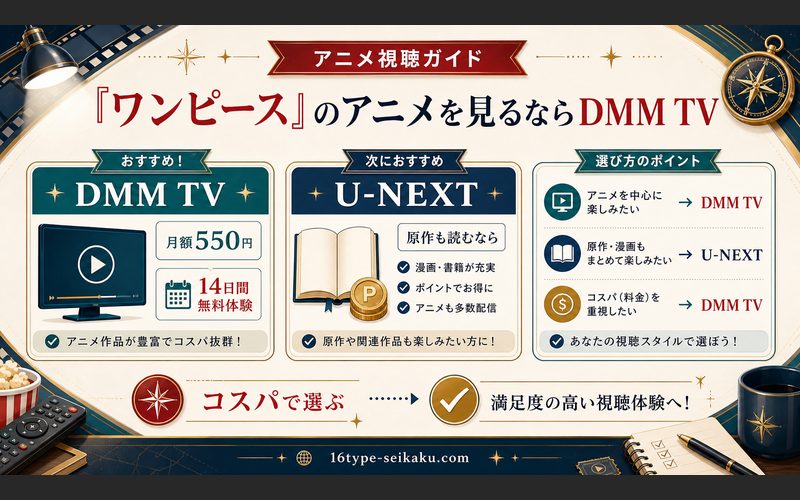 『ワンピース』のアニメを見るならDMM TVの要点をまとめたMBTIキャラ診断Image2インフォグラフィック