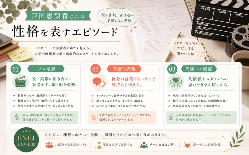 戸田恵梨香さんの性格を表すエピソードをまとめたMBTI人物分析インフォグラフィック
