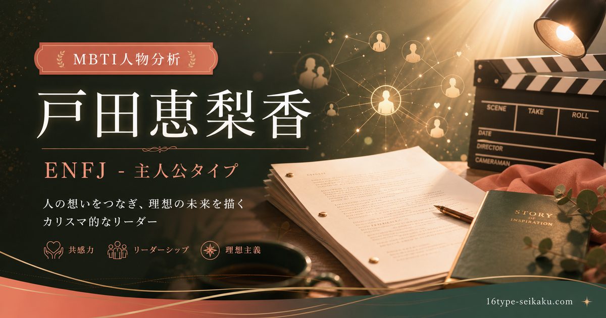 戸田恵梨香さんのMBTI人物分析アイキャッチ画像。ENFJ主人公タイプの要点をまとめた編集ビジュアル