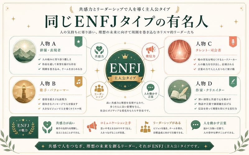 同じENFJタイプの有名人に共通する特徴をまとめたMBTI人物分析インフォグラフィック