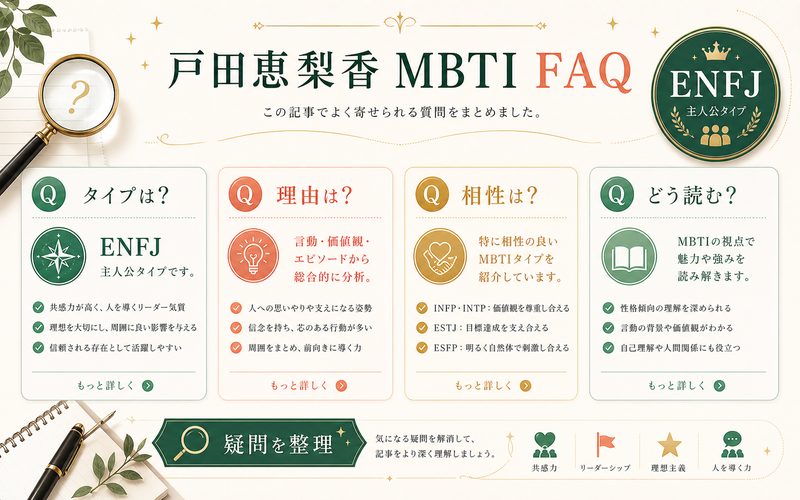 戸田恵梨香さんのMBTIに関するよくある質問をまとめたFAQインフォグラフィック
