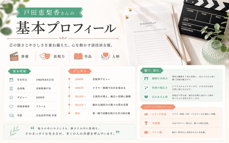 戸田恵梨香さんの基本プロフィールをまとめたMBTI人物分析インフォグラフィック