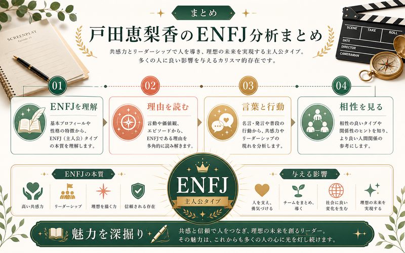 戸田恵梨香さんのENFJ分析の要点をまとめたMBTI人物分析インフォグラフィック