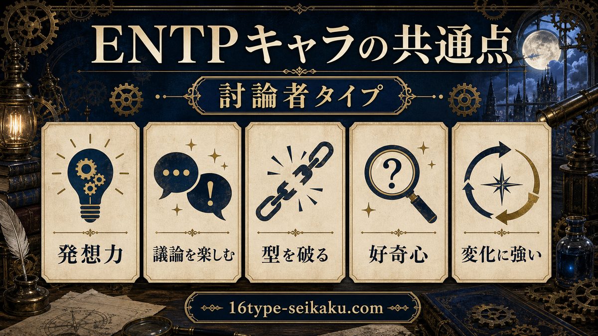 ENTP（討論者）タイプの他のキャラクター一覧の要点をまとめたENTP解説画像