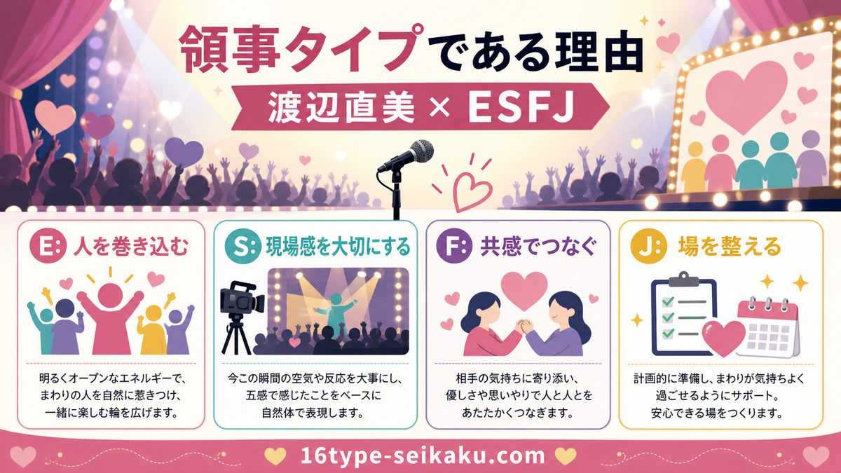 渡辺直美がESFJタイプである理由の要点をまとめたMBTI人物分析インフォグラフィック