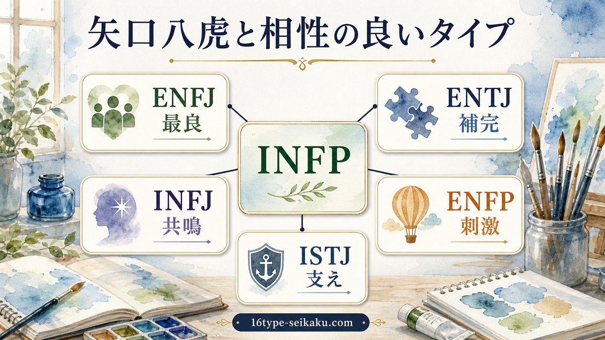 矢口八虎と相性の良いMBTIタイプの要点をまとめたINFP解説画像