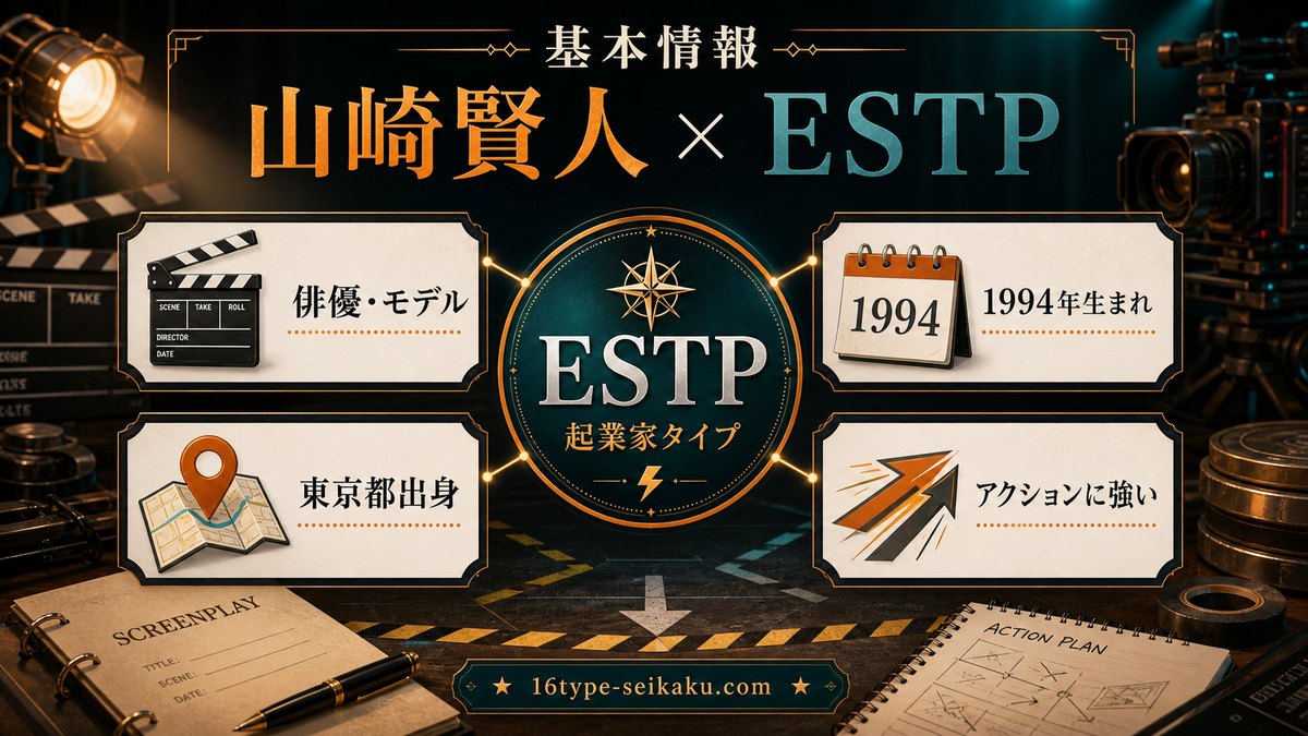山崎賢人の基本情報をまとめたESTP人物分析インフォグラフィック