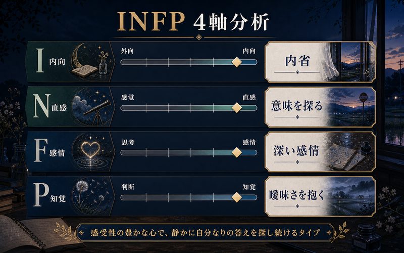 よしきがINFPタイプである理由をまとめた4軸分析インフォグラフィック