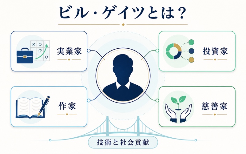 ビル・ゲイツの活動分野を整理した人物紹介の要約図解