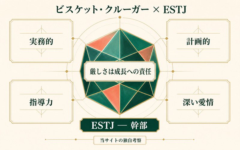ビスケット・クルーガーのESTJらしさを実務性・計画性・指導力・愛情でまとめたImage2要約画像