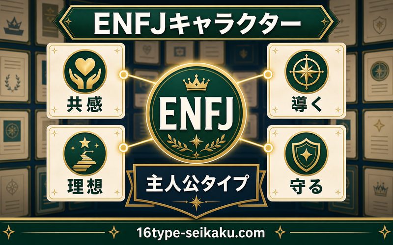 ENFJキャラクターの共通点を共感・導く・理想・守るでまとめたインフォグラフィック