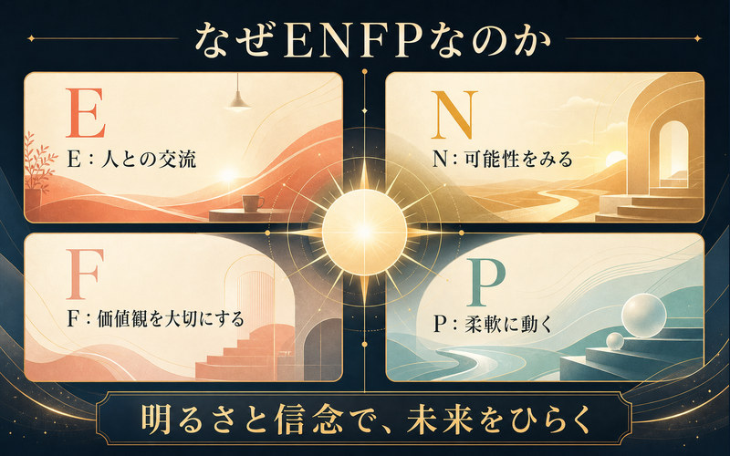 錦木千束がENFPと考えられる理由をE人との交流・N可能性・F価値観・P柔軟さの4軸でまとめた画像