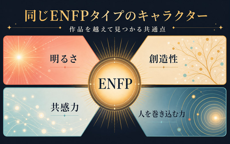 同じENFPタイプのキャラクターに共通する明るさ・創造性・共感力・人を巻き込む力をまとめた画像