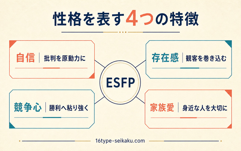 自信・存在感・競争心・家族愛という4つの性格特徴を整理したImage2要約画像
