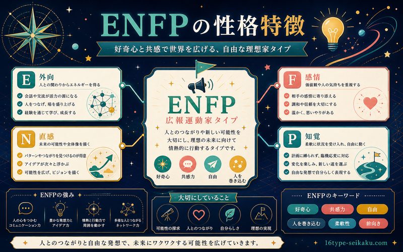 ENFP広報運動家タイプの性格特徴を整理した要約画像