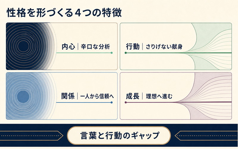 市川京太郎の内心・行動・関係・成長という4つの性格特徴を整理したImage2要約画像