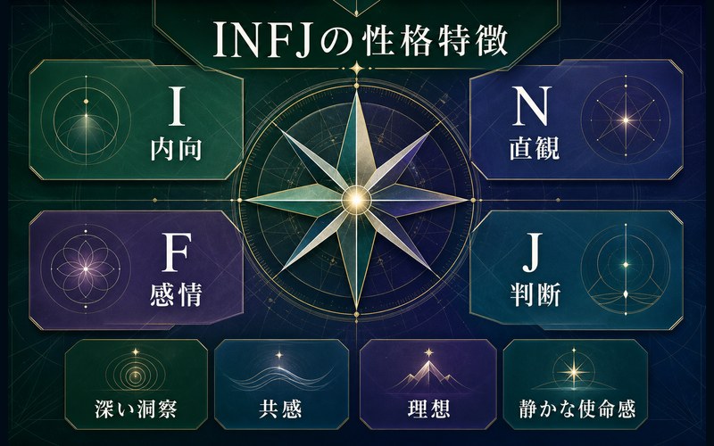 INFJの性格特徴をI内向・N直観・F感情・J判断と洞察・共感・理想・使命感でまとめた画像