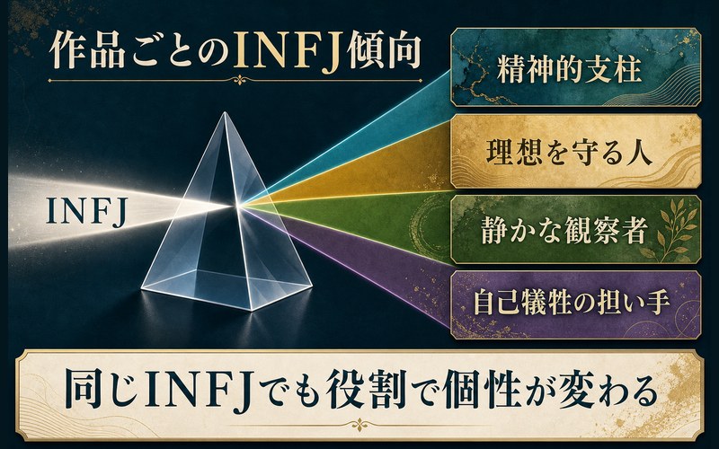 作品ごとのINFJキャラの違いを精神的支柱・理想を守る人・観察者・自己犠牲の役割でまとめた画像