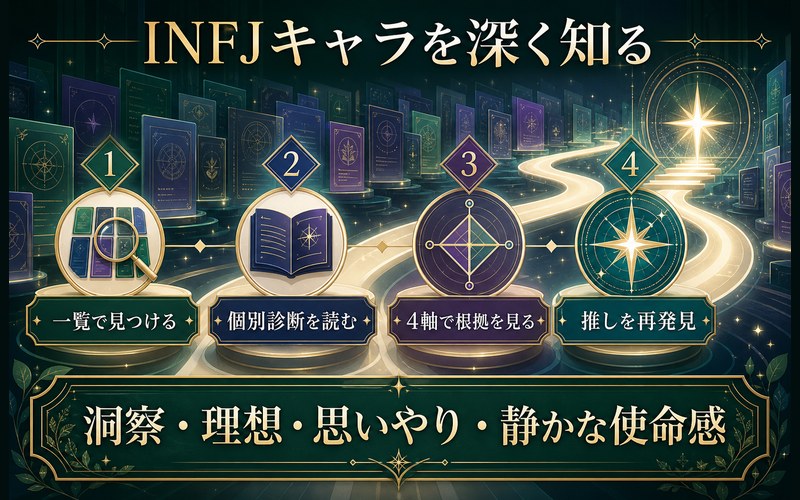 INFJキャラを一覧から見つけ個別診断と4軸分析で推しを深く知る4ステップのまとめ画像