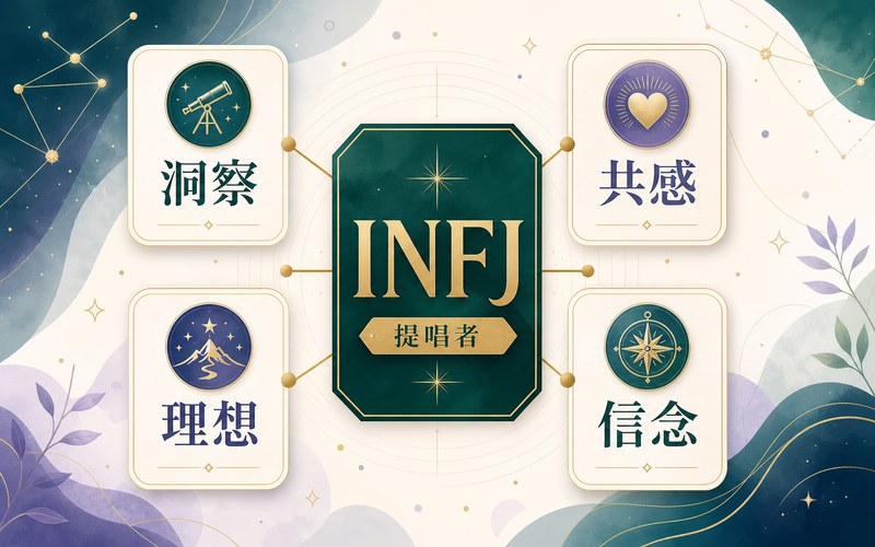 INFJ提唱者タイプの基本特徴を洞察・共感・理想・信念で整理したImage2要約画像