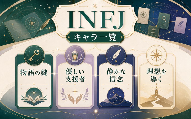 INFJタイプの人気アニメ・漫画キャラクター一覧を抽象カードで整理したImage2要約画像