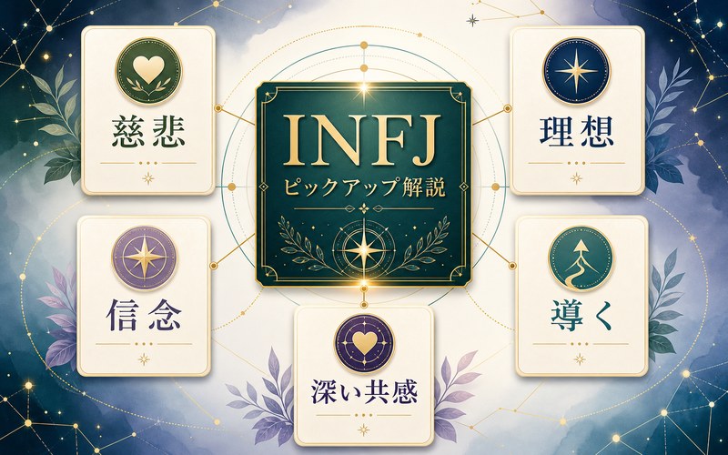 INFJ代表例の共通テーマを慈悲・信念・理想・導く力でまとめたImage2要約画像