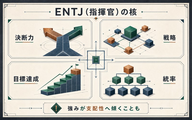 ENTJ指揮官タイプの特徴を決断力・戦略・目標達成・統率でまとめた画像