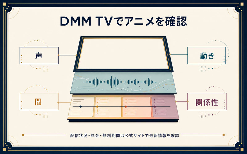 DMM TVでアニメを確認し声・動き・間・関係性から性格理解を深める方法と最新条件の確認を示す画像