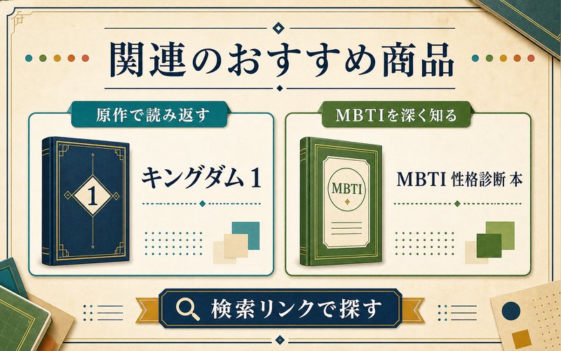 キングダム関連商品とMBTI本の検索リンク案内図
