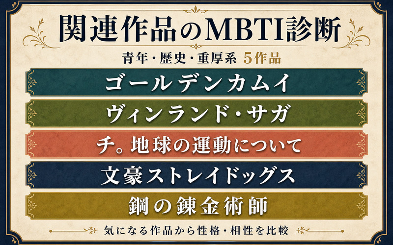 キングダムから読める青年・歴史・重厚系5作品のMBTIキャラ診断まとめを案内するImage2図解